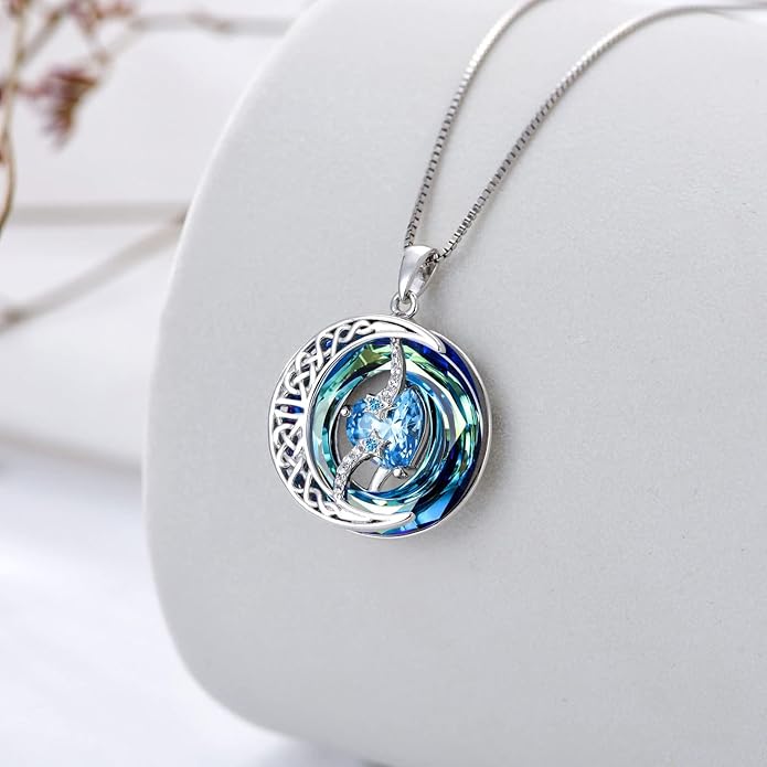 TOUPOP Birthstone Necklace 925 Sterling Silver Moon and Star Pendant with Blue Crystal Celtic Moon Jewelry Birthday Valentines Day Gifts for Women Mom Wife Her