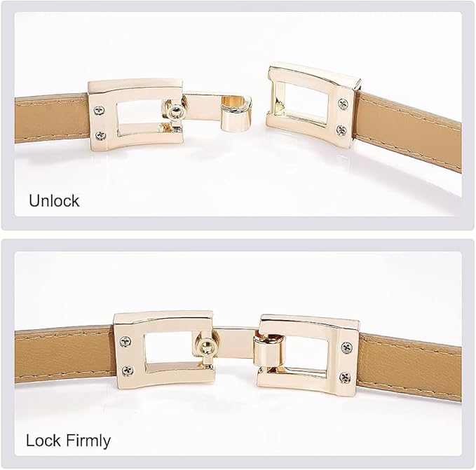 Glamorstar Skinny Belts for Women Thin PU Leather Waist Belt with Gold Buckle for Dresses