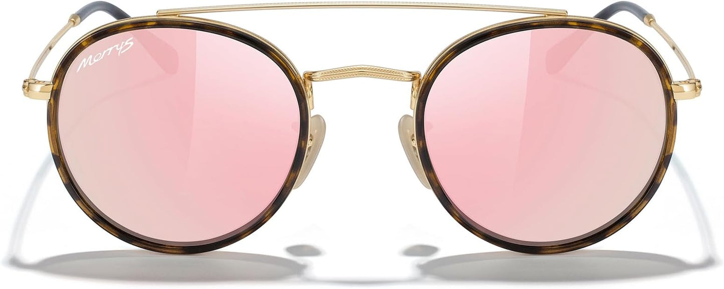 MERRY'S Retro Round Polarized Sunglasses - Unisex Double Bridge Sun Glasses