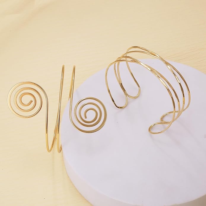 BROCC 2PCS Gold Coil Swirl Upper Arm Bracelet for Women Open Upper Arm Cuff Bangle Armlet Gold Silver Adjustable Armband Bracelet Set