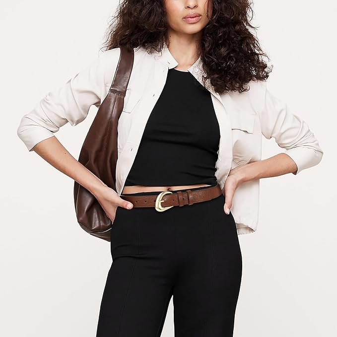 Women's Brown Belt Trend Belt with Gold Buckle Fashion Leather Waist Belt for Jeans Pants