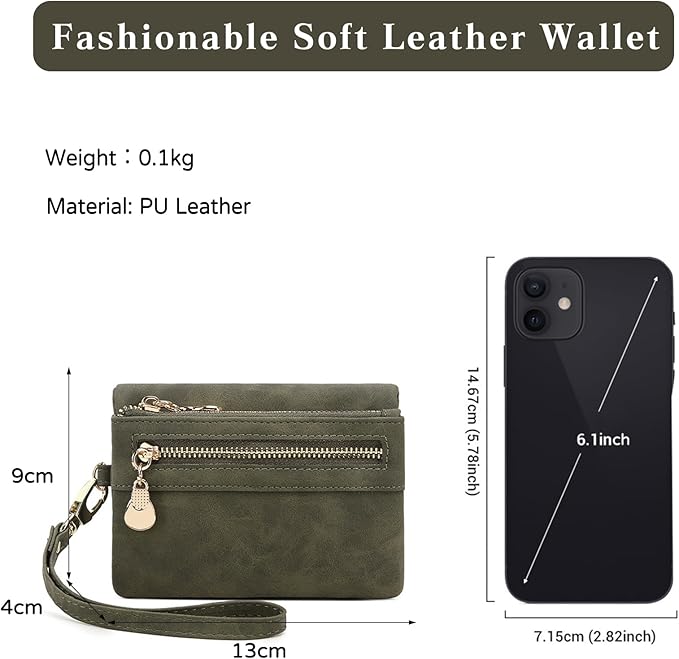Women's Vintage Genuine Leather Handbag Wallet Dark Billfold Purse with Snap Closure for Daily Essentials (Green)