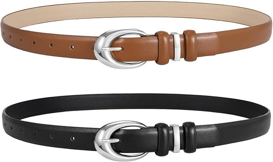2 Pack Women Leather Belts for Jeans Dress Fashion Ladies Belt with Gold Silver Buckle