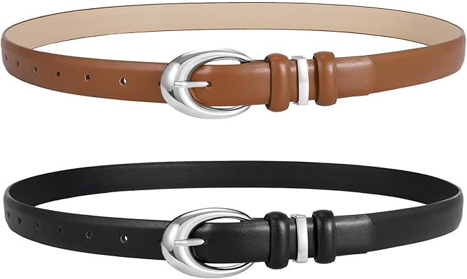 2 Pack Women Leather Belts for Jeans Dress Fashion Ladies Belt with Gold Silver Buckle