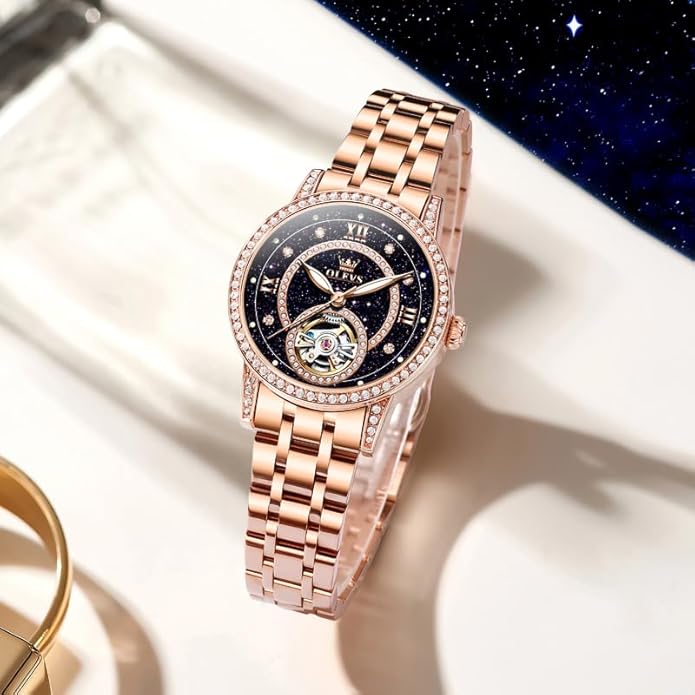 OLEVS Women’s Watch Automatic Diamond Tourbillon Luxury Fashion Stainless Steel Waterproof Luminous Wrist Watches for Ladies Gift Rose Gold/Starry Sky Blue/Silver