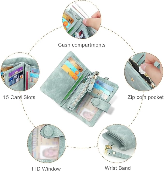 Women's Leather Wristlet Wallet, Bifold RFID Purse with ID Window, Zipper Coin Pocket for Daily Essentials (Light Green)