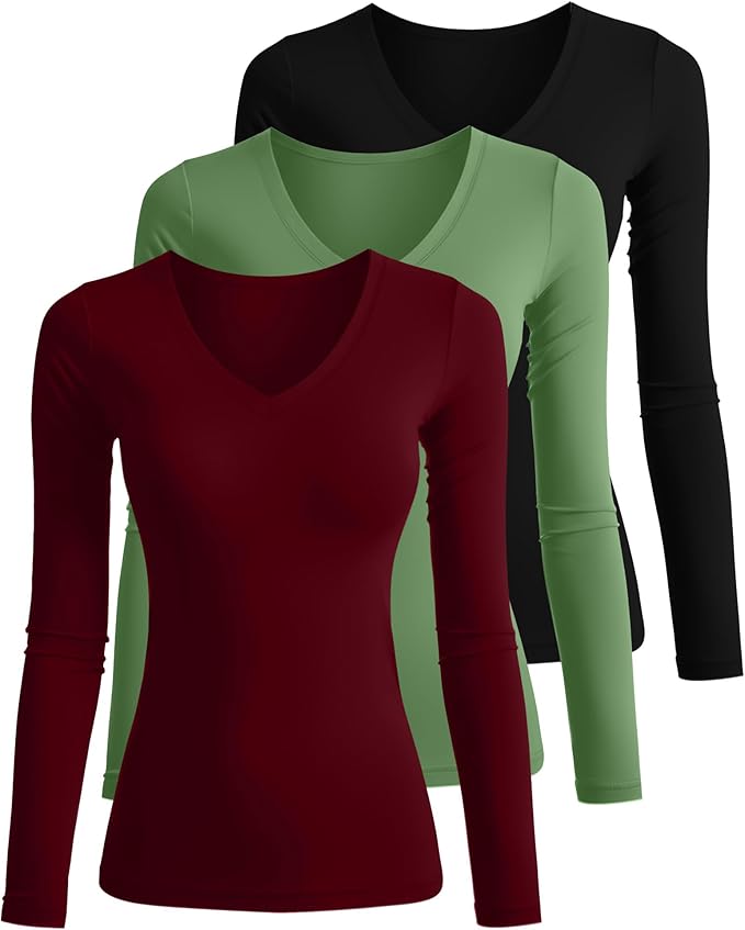 Ficerd 3 Pack Women's Long Sleeve Shirts, V Neck Basic Tees Slim Fitted Casual Fall Tops Going Out Blouses T Shirts