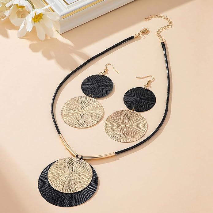 YOOESTORES82 Gold Disc Pendant Necklace Earrings Set Leather Cord Black Circle Statement Necklaces Geometric Textured Medallion Jewelry For Women Party Fashion