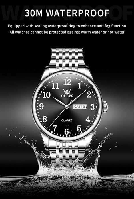 OLEVS Mens Watch Stainless Steel Analog Quartz Watches for Men Day Date Easy Read Diamond Waterproof Dress Luxury Classic Casual Big Face Blue/Black/Gold/Silver Roman Arabic Numerals Men's Wrist Watch