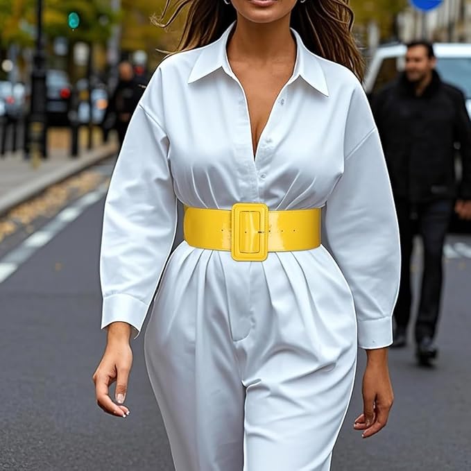 Wide Patent Leather Cinch Belt - Fashion Square Buckle Waist Belt for Dresses and Coats