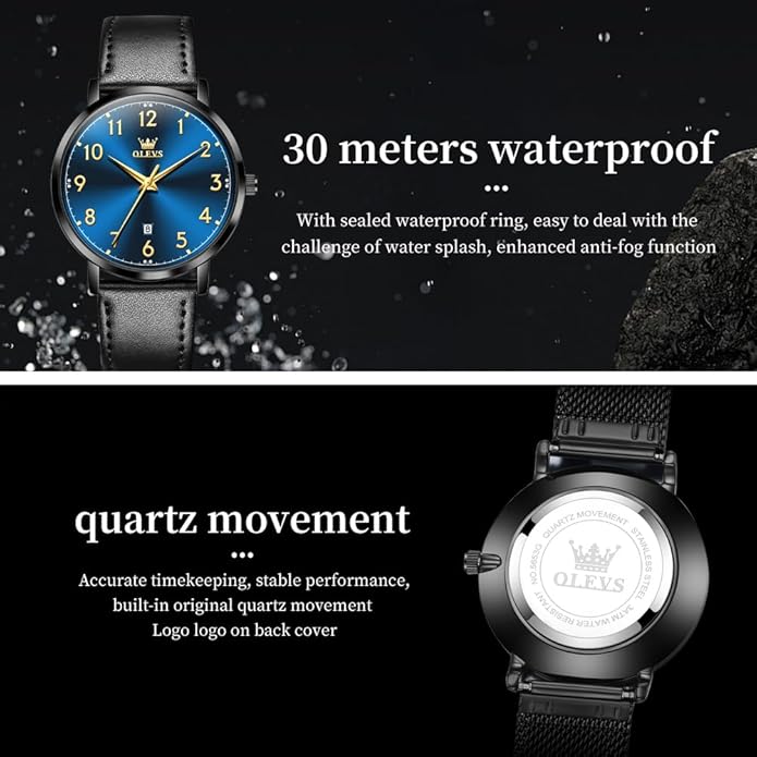 OLEVS Mens Watches, Casual Leather Watches for Men Easy to Read Quartz Number Watch with Date Waterproof Blue/Black/Silver Face Men's Wrist Watches…