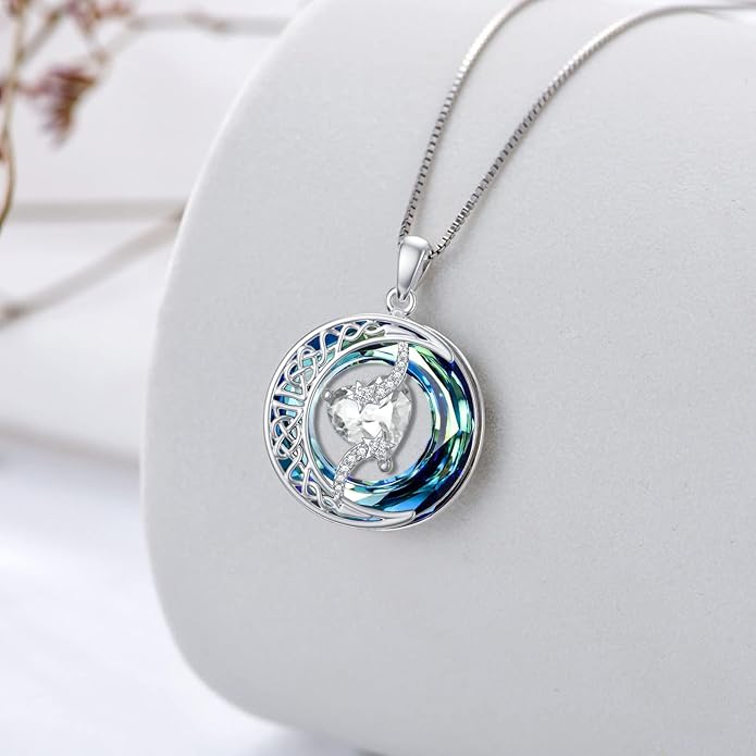 TOUPOP Birthstone Necklace 925 Sterling Silver Moon and Star Pendant with Blue Crystal Celtic Moon Jewelry Birthday Valentines Day Gifts for Women Mom Wife Her