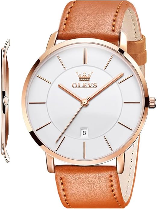 OLEVS Mens Watches Minimalist Ultra Thin Fashion Casual Analog Quartz Date Watch Waterproof Slim Simple Big Face Dress Wrist Watch Leather Band for Men