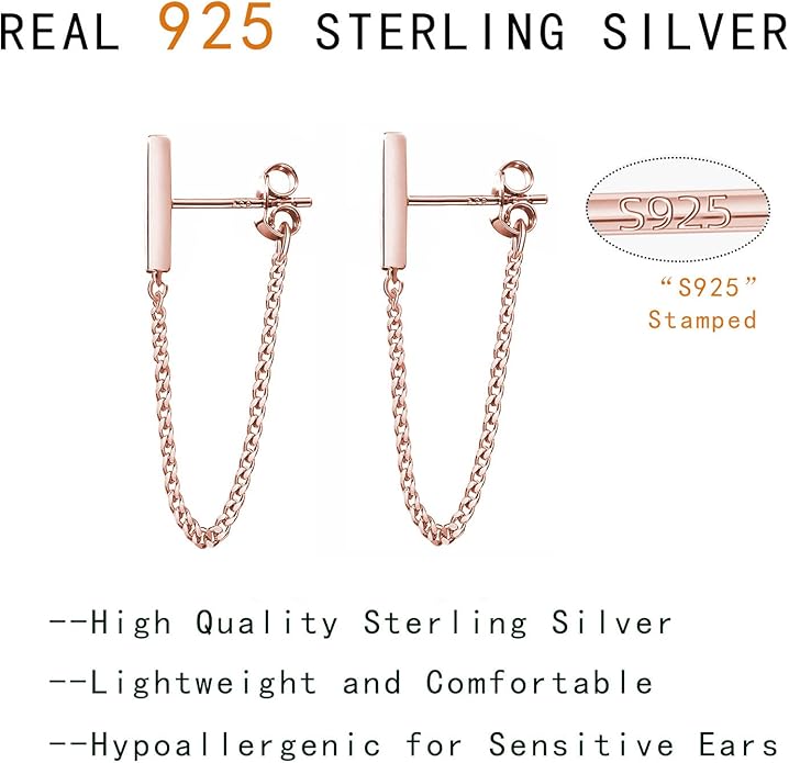 Reffeer Solid 925 Sterling Silver Stud Earrings Minimalist Bar Earrings with Chain Dangle Earrings For Women
