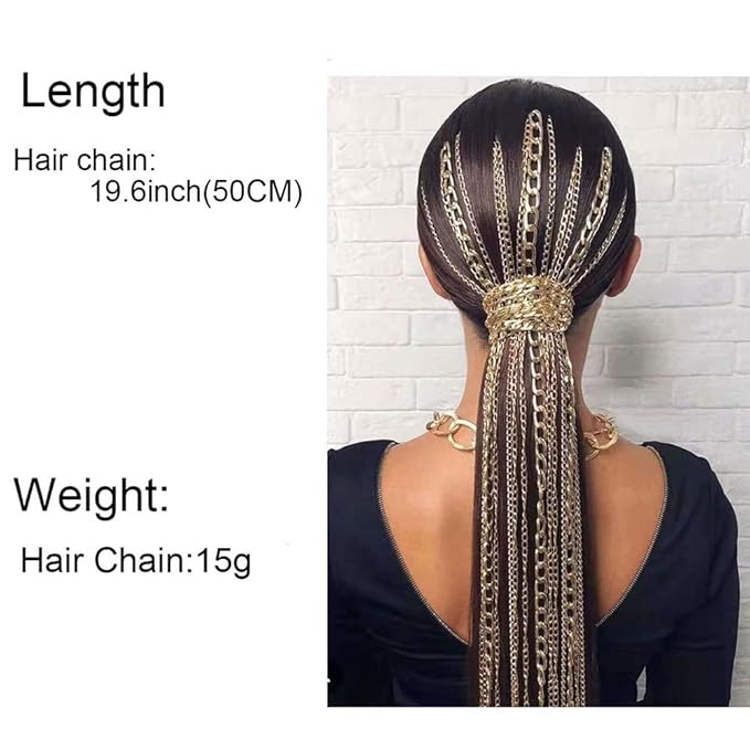 6PCS Dreadlocks Metal Tassel Ponytail Multi-Strand Hair Chain Prom Party Concave styling hair accessories hair extension chain with clip for girls and women(gold)
