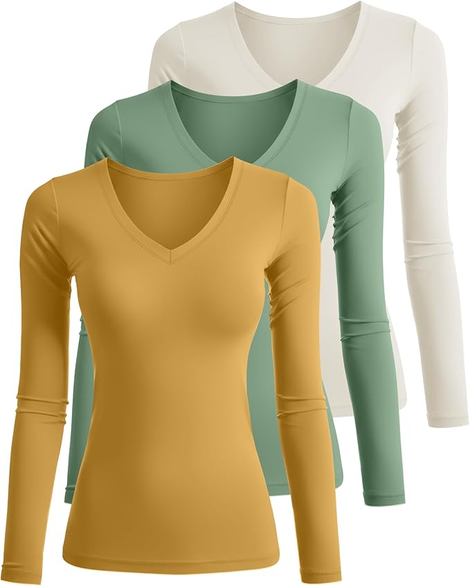 Ficerd 3 Pack Women's Long Sleeve Shirts, V Neck Basic Tees Slim Fitted Casual Fall Tops Going Out Blouses T Shirts