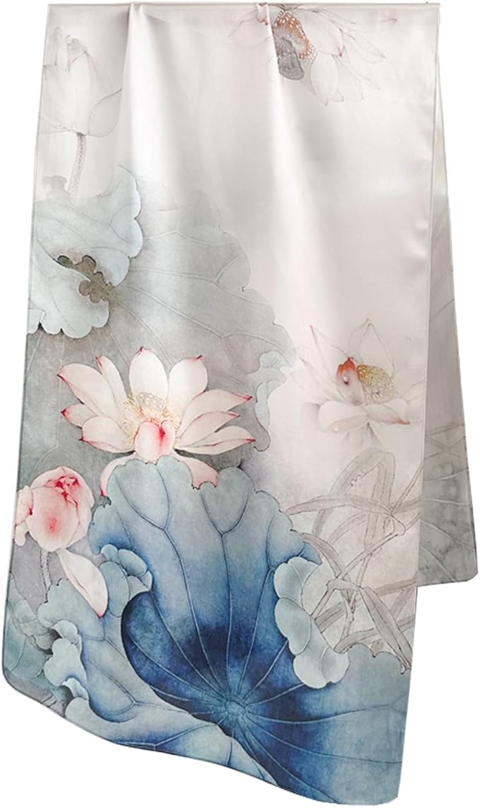100% Mulberry Silk Scarfs for Women Floral Print Satin Long Scarf for Headscarf Hair Wraps Shawl with Gift Packed