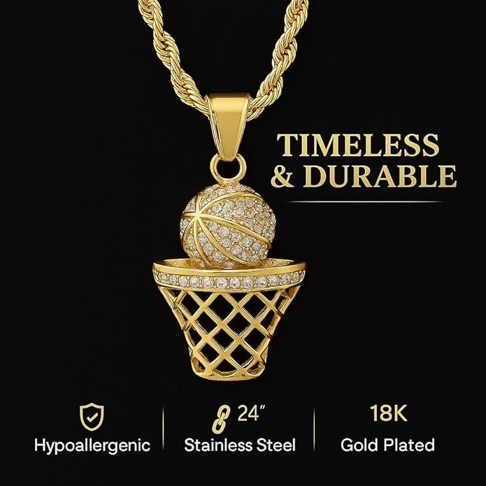 Basketball Necklace - 18K Plated Basketball Chain with Hoop for Men, Women, Teens - Gold, Silver & Black Color Options - Stainless Steel Sports Pendant with Simulated Diamond CZ Stones