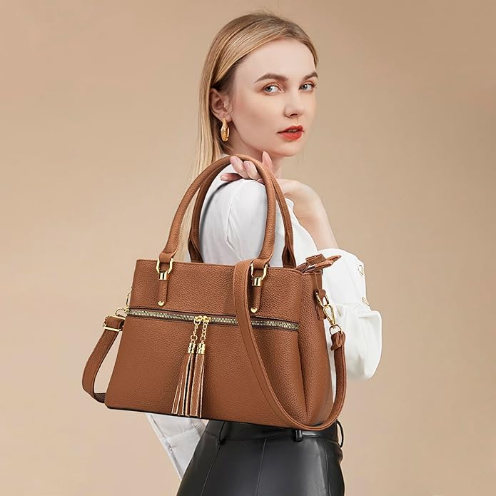 KKXIU Women Satchel Bags Handle Shoulder Handbags and Purses Pockets Zipper Leather Crossbody Bags