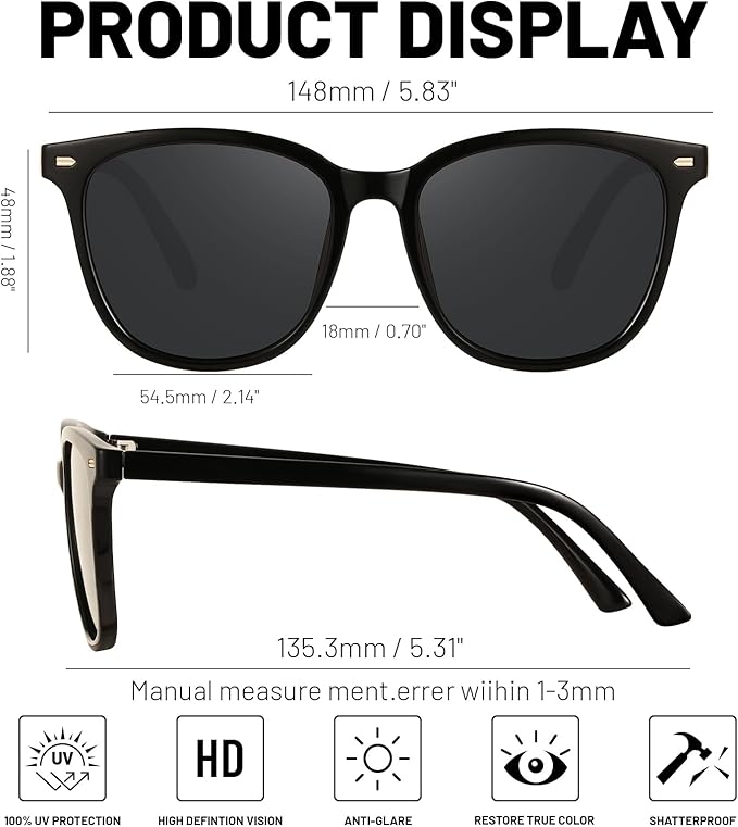 Retro Polarized Sunglasses for Women Men Big Frame Vintage Style Trendy Shade UV400 Protection Lens Sun Glasses