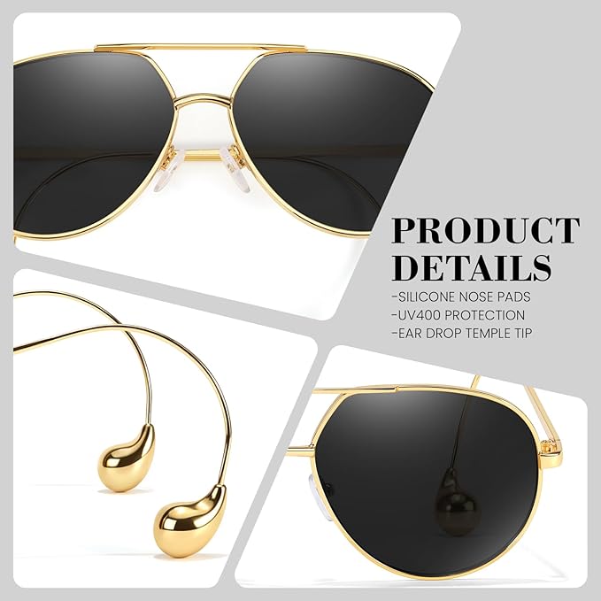 SODQW Trendy Aviator Sunglasses for Women with Earring Gold Metal Frame Fashion Sun Glasses