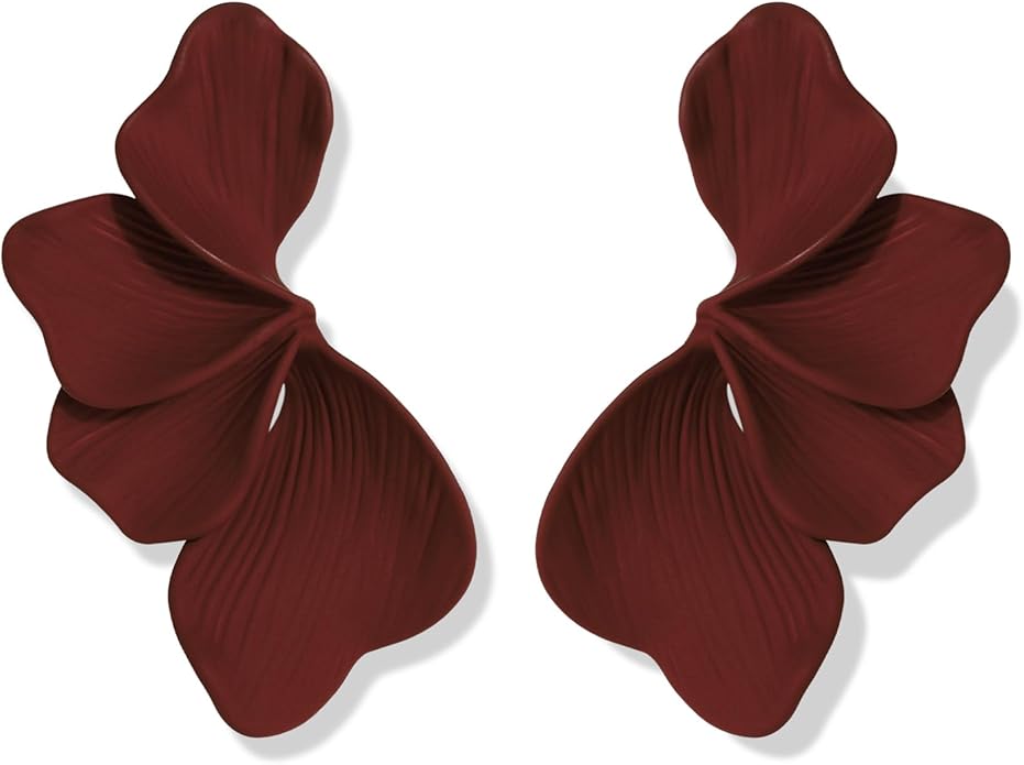 Flower Earrings For Women Large Brown and Wine Red Painted Floral Dangle Statement Earring Chunky Burgundy Fall Earrigs Gift