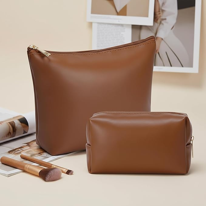 Kigeli 2 Pcs PU Leather Makeup Bag Set for Women Aesthetic Cosmetic Bag Small Toiletry Travel Pouch for Purse Emergency Skincare Organizer Valentine Gifts for Bridesmaid Birthday(Brown)