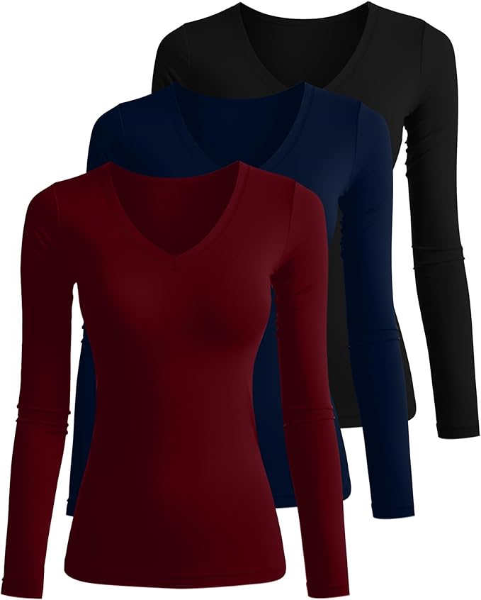 Ficerd 3 Pack Women's Long Sleeve Shirts, V Neck Basic Tees Slim Fitted Casual Fall Tops Going Out Blouses T Shirts