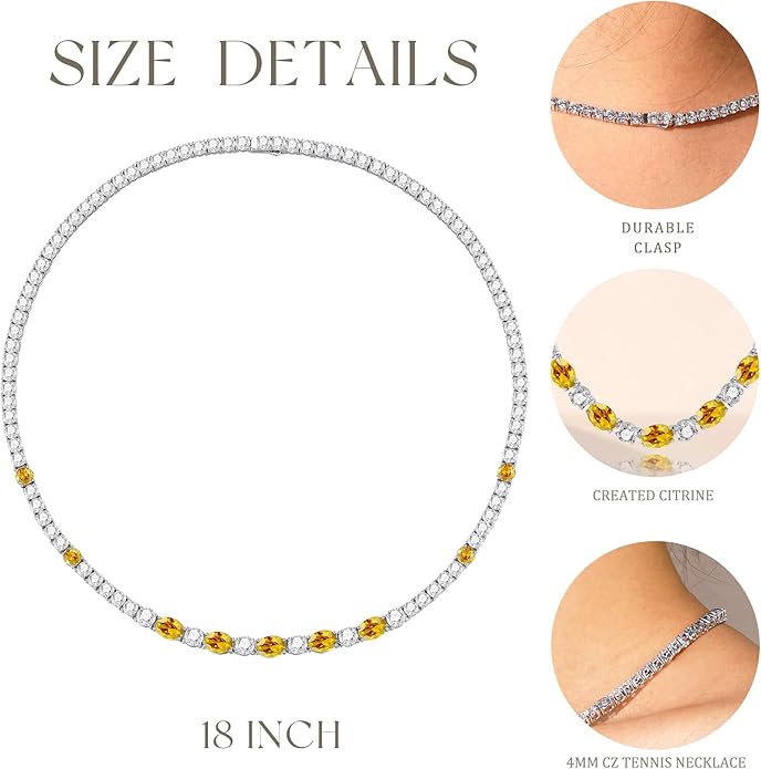FANCIME Sterling Silver Tennis Necklace 4mm 18 inch Birthstone Necklace with 6 * 8mm Oval Gemstone Luxury Fine Birthday Jewelry Gifts for Women