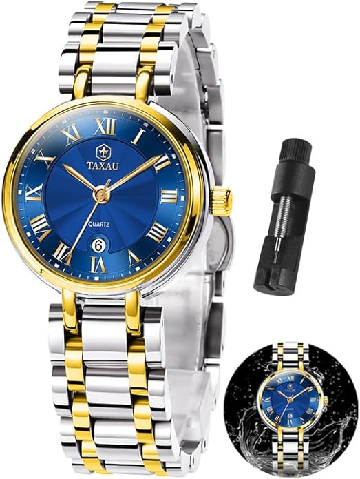 Gold Silver Two Tone Women Stainless Steel Watch Small Wrist ElegantDress Watch for Women Fashion Luxury Waterproof Day Date Analog Quartz Ladies Watches