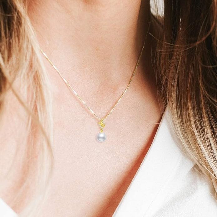 14k Gold Diamond Leaves Pearl Pendant and Sterling Silver Box Chain Necklace for Women, Jewelry Gifts for Her, 18-20 Inches