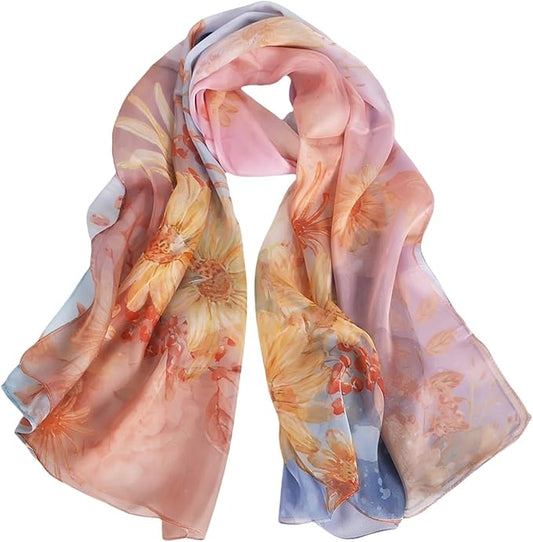 100% Mulberry Silk Women's Neck Silk Scarf-Lightweight Shawl,FLoral Print Beach Silk Wrap-Scarves for Photography