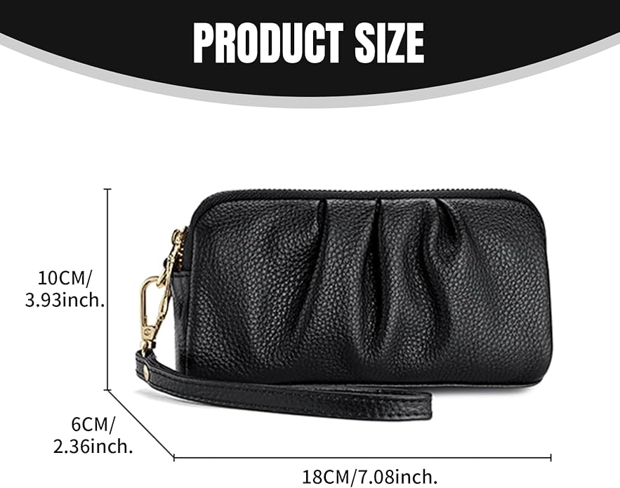 Wristlet Wristlet Wallets for Women, Wallet Stylish Black Ruched 7x2.4x3.9 Cell Phone Purse with Detachable Wrist Strap