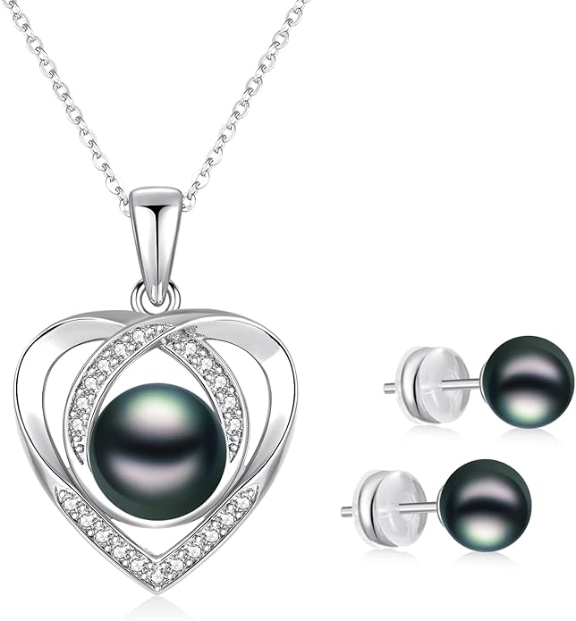 Pearl Necklace and Earring Set for Women, Gold Plated/925 Sterling Silver Heart Jewelry Set-Black Pearl Cubic Zirconia Gifts for Women Wife Mom-Wedding Anniversary Mothers Day Gifts