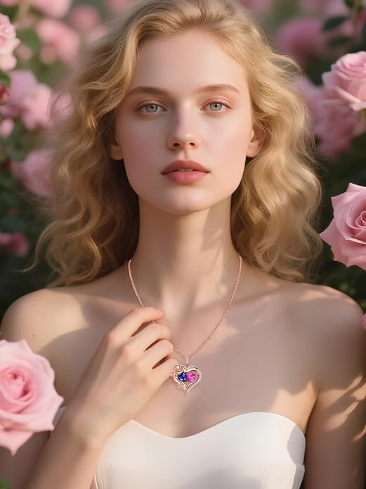 Rose Heart Necklaces for Women, Rose Gold Forever Love Jewelry with 2 Birthstones Pendant, Christmas Anniversarry Birthday Gifts for Her Wife Mom Grandma, 18+2 Inch Chain