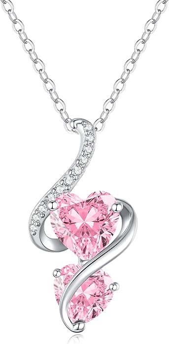 LOUISA SECRET Unique Double Heart Necklace Gifts for Wife Women, 925 Sterling Silver Tiny Birthstone Pendant Jewelry Gift for Her Girlfriend Mom Valentine's Day Anniversary Mother's Day Birthdays & Christmas