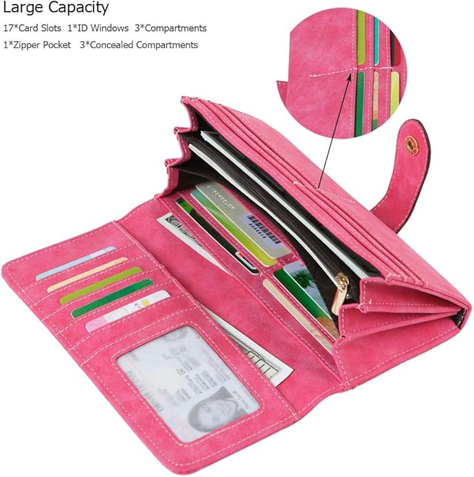 Women's Vegan Leather 17 Card Slots Card Holder Long Big Bifold Wallet