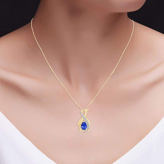 Infinity Penguin Pendant Necklace for Women, 14K Gold Over Sterling Silver with Pear & Round Cut Simulated Birthstone & White Diamond Accents, Dainty Animal Jewelry Gift with 18" Chain