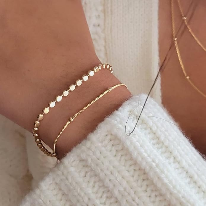 MIDEEO Bracelets for Women Dainty Layered Herringbone Twisted Rope Chain Bracelets Set Layering Dot CZ Leave Beaded Bracelets Dainty Cubic Zirconia Tennis Chain Bracelet Jewelry Gifts