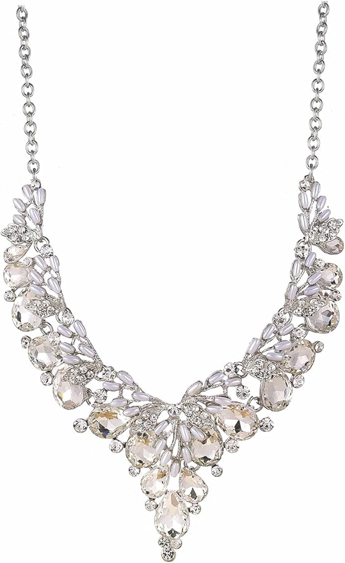 Jewelry Set for Women, Statement Necklace Dangle Earrings Bracelet Ring, White/KC Gold Plated Jewelry Set with Rhinestone Pearl Crystal Wedding Party Jewelry for Bridal Bridesmaid