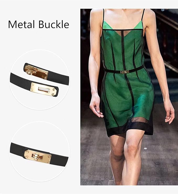 Women's Skinny Leather Belt with Adjustable Silver Turn-Lock Buckle - Ideal for Dresses, Jeans, and Coats, Black