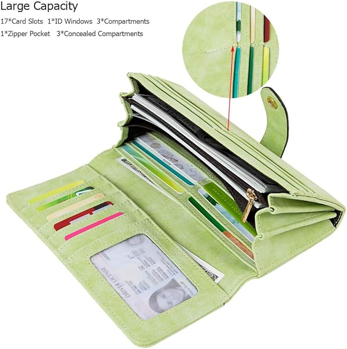 Women's Vegan Leather 17 Card Slots Card Holder Long Big Bifold Wallet