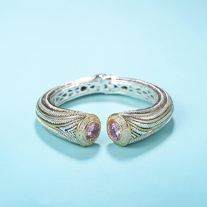 UNY JEWEL Jewelry Multi Strand Twisted Wire Cable Inlay 12mm CZ Vintage Antique Two Tone Elegant Designer Inspired Unique Spring Open Cuff Bangle