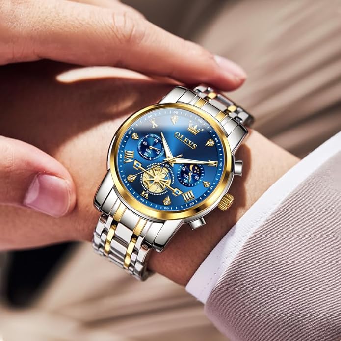 OLEVS Men Silver Watches,Men's Stainless Steel Chronograph Watch,Man Analog Quartz Big Face Male Watches Luxury Waterproof Roman Numeral Dress Diamond Relojes para Hombre