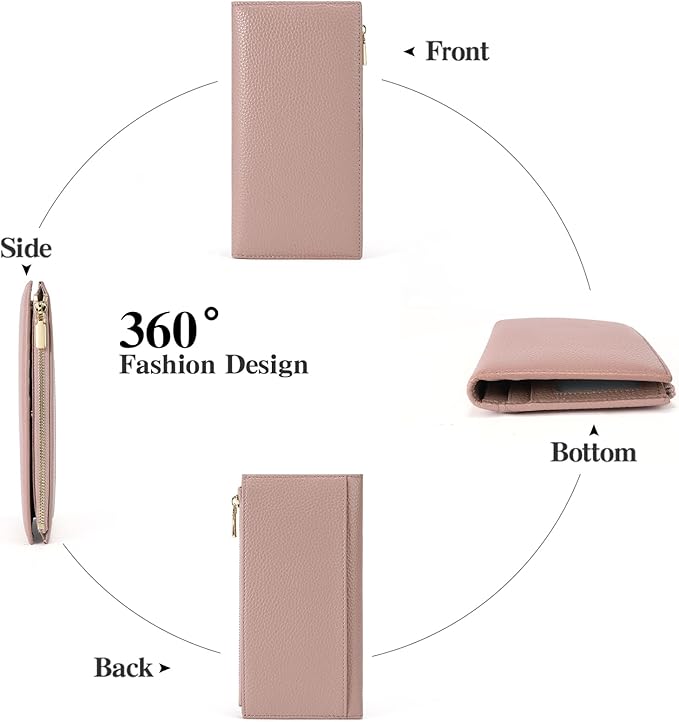 Slim Blue Wallet for Women, RFID Blocking Genuine Leather Bifold with Secure Zippered Coin Pocket (Pink)