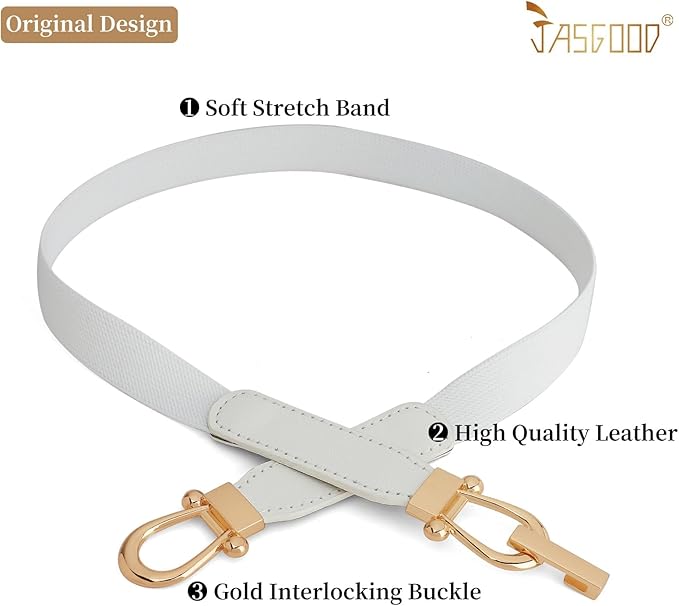 JASGOOD Women Skinny Elastic Belt for Dresses,Thin Retro Stretch Waist Belt with Golden Buckle