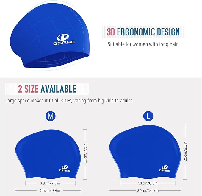 Womens Silicone Swim Cap for Long Hair,3D Ergonomic Design Silicone Swimming Caps for Women Kids Men Adults Boys Girls with Ear Plug and Nose Clip