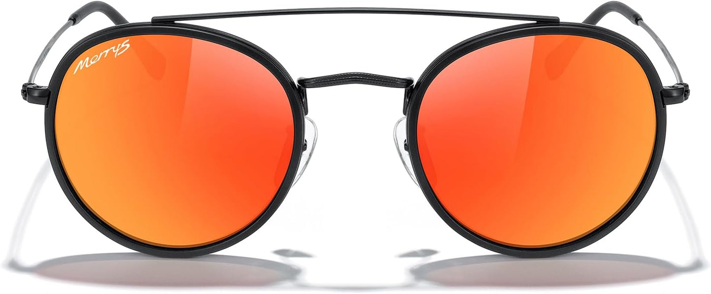 MERRY'S Retro Round Polarized Sunglasses - Unisex Double Bridge Sun Glasses