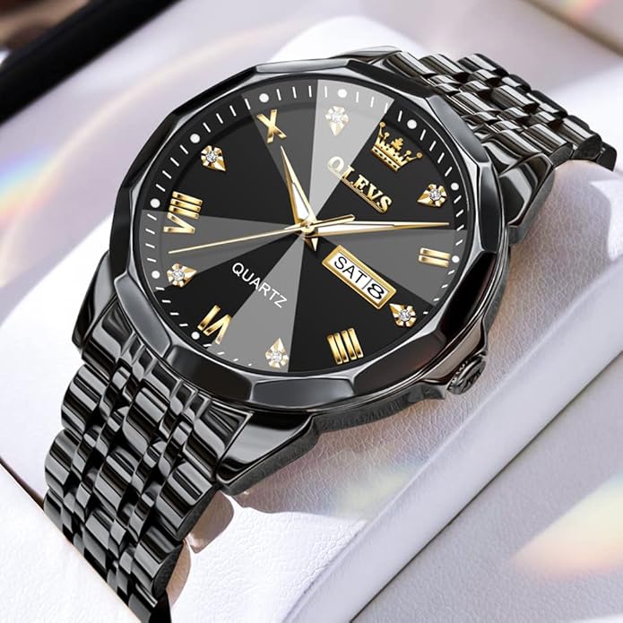 OLEVS Mens Watch Stainless Steel Analog Quartz Watches for Men Day Date Easy Read Diamond Waterproof Dress Luxury Classic Casual Big Face Blue/Black/Gold/Silver Roman Arabic Numerals Men's Wrist Watch