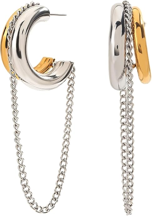 Tassel Chain Hoop Earrings for Women Trendy Two Tone Dangling Chain Earrings Hypoallergenic Fashion Jewelry Gifts